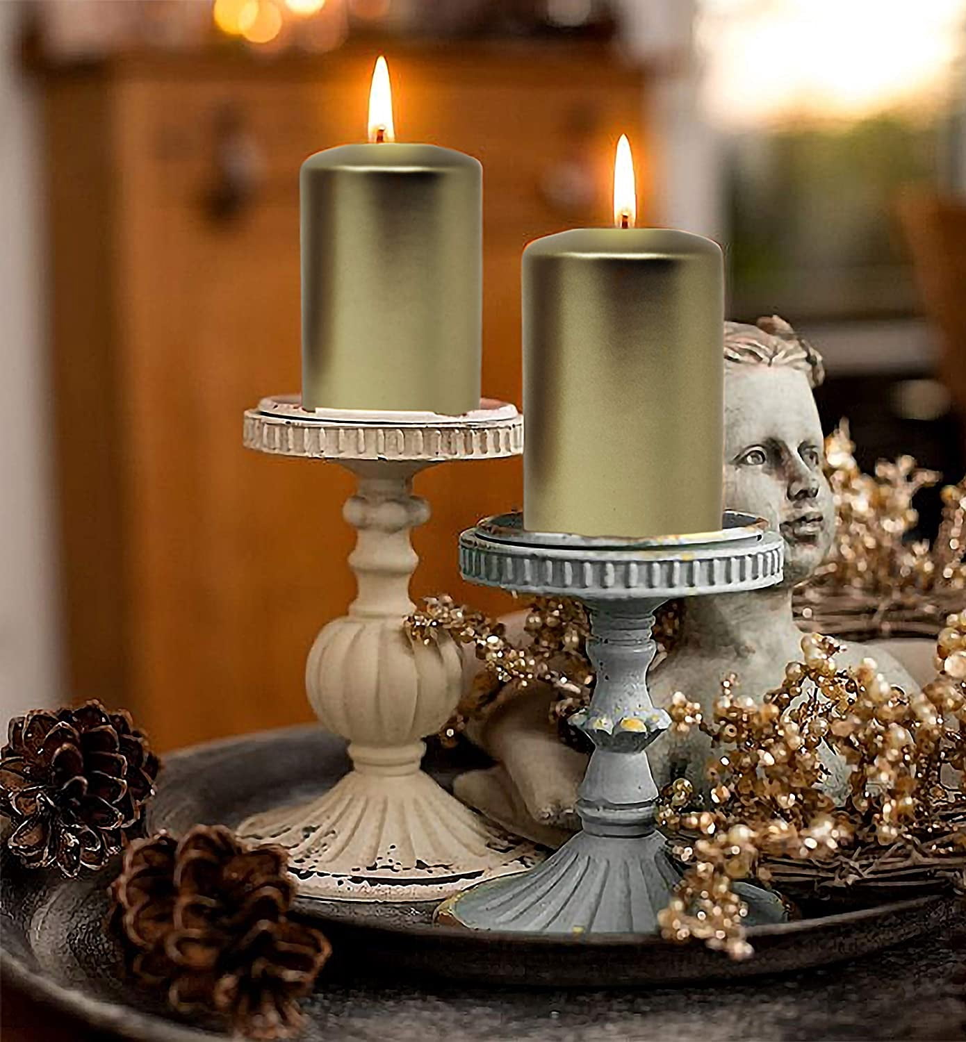 Hyoola 2.75 x 5 inch Metallic Cream Gold Unscented European Made Pillar Candles, Paraffin Wax with Cotton Wicks, 6-Pack