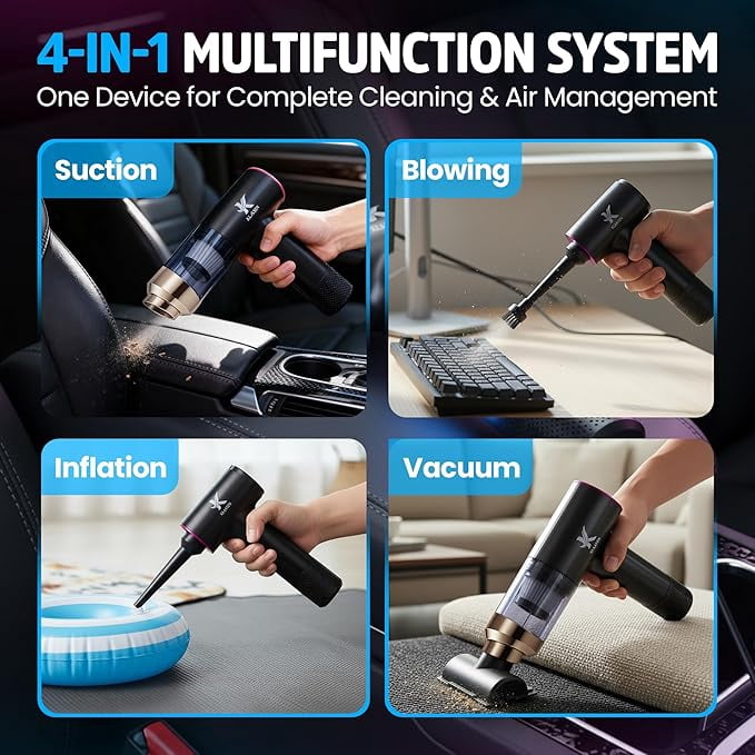 Handheld Vacuum Cleaner Cordless Dual Suction 7.5K & 12K Pa with Blower, Inflator & Deflator, Portable Cleaning Tool for Home, Office, Kitchen & Car, Black