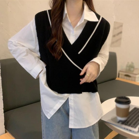Brand Clearance1!Women Sleeveless Sweater Vest Top Colorblock Vest One Size Crop Knit Vest Pullover Knitwear Top Loose Fit