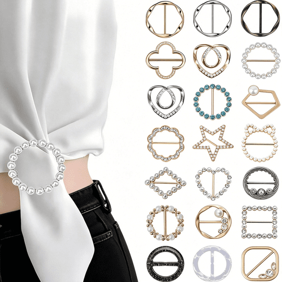 TUWAFE 21Pc Women Shirt Clips,T-Shirt Clip Clothespin,Scarf Ring and Ladies Slides for Scarves,Dress Corner Knot Buttons,Ladies Fashion Metallic Gold&Silver Round Clips Tightener for Loose Clothes