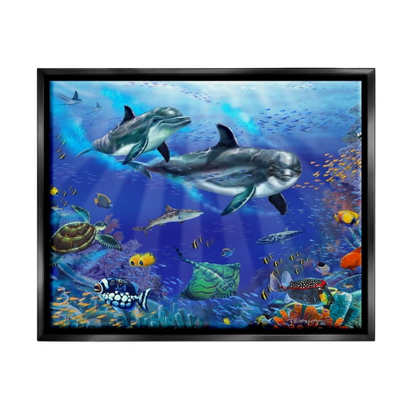 Stupell Industries Underwater Sea Life Scene Dolphins Coastal Painting Black Floater Framed Art Print Wall Art