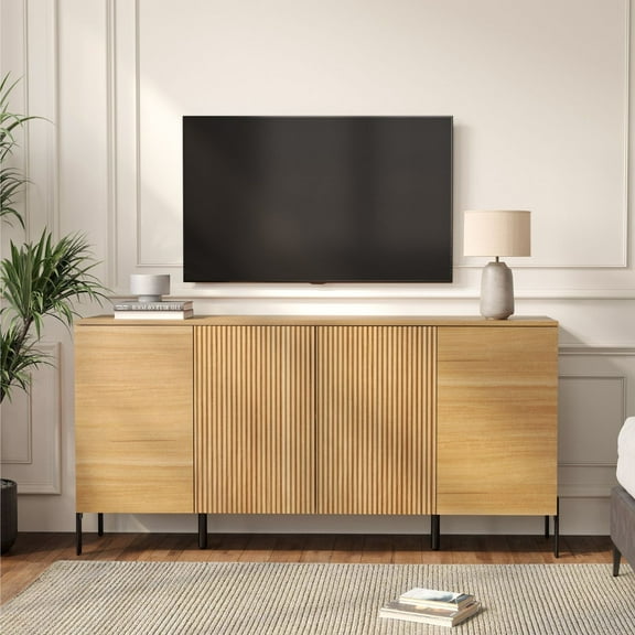 Wampat 61" Coffee Bar Cabinet, 4-Doors Fluted Storage Cabinet, Sideboard Buffet Cabinet with Adjustable Shelf, Kitchen Cabinet for Kitchen Dining Room, Oak