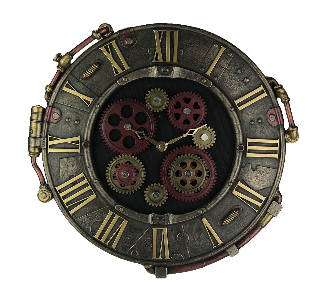 Steampunk Bronze Finish Rivet Plate Wall Clock With Moving Gears