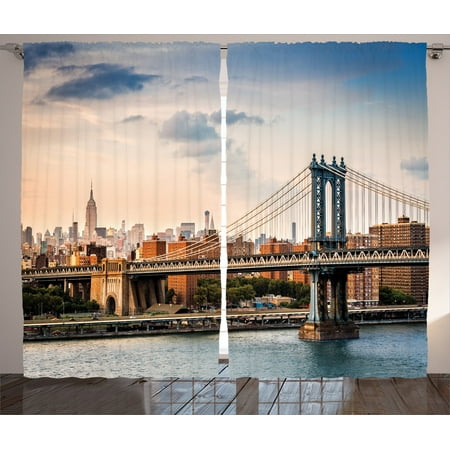 Nyc Decor Curtains 2 Panels Set, Manhattan Bridge And The New York Skyline At Sunset East River Highrise Buildings Iconic Sites, Living Room Bedroom Accessories, By