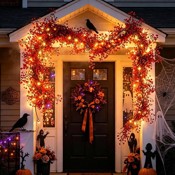 Halloween LED Garland 70.8 Inch Red with String Lights, Glowing Plastic Rattan Vine for Fireplace Stairs Wall Decor, Festival Party Ornament