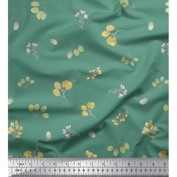 Soimoi Green Cotton Duck Fabric Flower Leaves Printed Craft Fabric by the Yard 42 Inch Wide