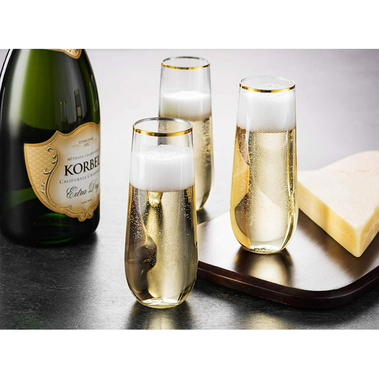 48 Pack Stemless Plastic Champagne Flutes Disposable 9 Oz Gold Rim