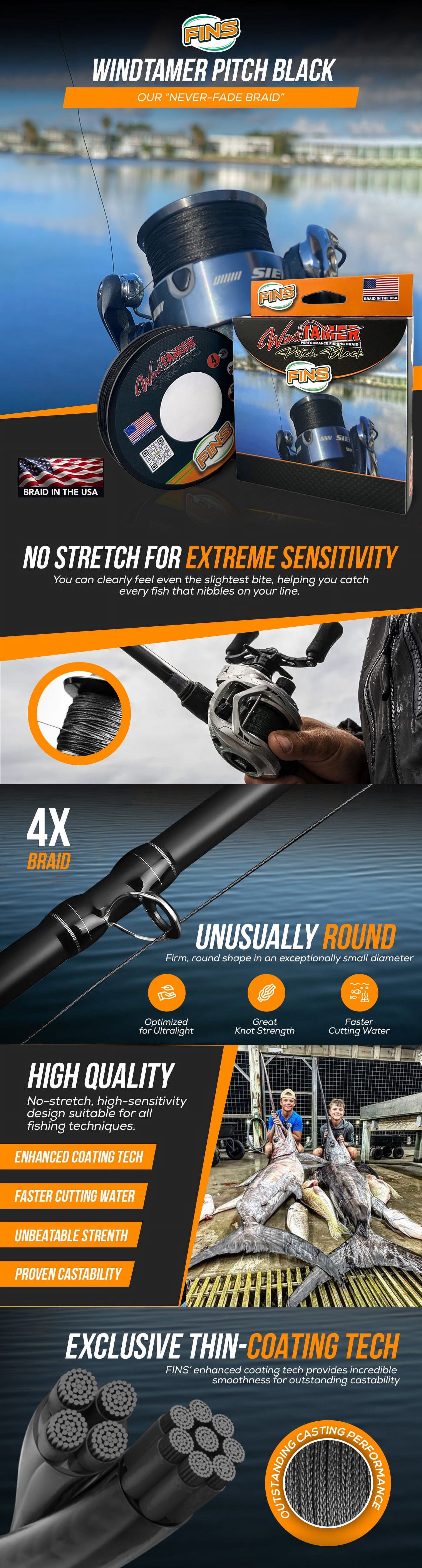 FINS Braids Pitch Black No Fade No Twist Bass Angling Round 4-End Braided Fishing Line 10 lb 500 Yd