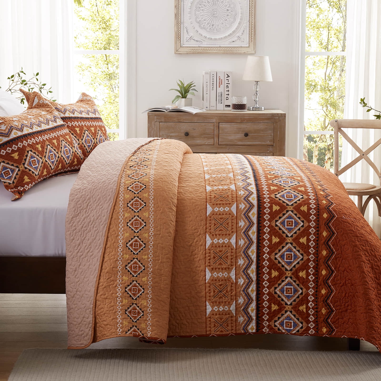 2-Piece Twin Size Quilt Set - Orange Rust Bohemian Bedspread Coverlet with 1 Pillow Sham, Microfiber
