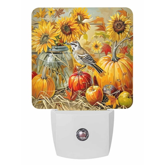 Fall Night Lights Auto Sensor Sunflower Bird Pumpkin Plug-in LED Nightlights Dusk to Dawn for Living Room, Bedroom, Hallway, Stairways Thanksgiving Wall Decor, Fruit Leaves Oil Printing Night Light