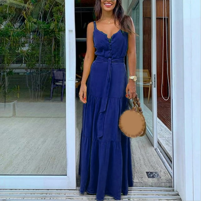 SMihono Robe Maxi Bohème d'Été pour Femmes Grande Taille Mode Femmes Été Bohème Sans Manches à Bretelles Col en V Bandage Fête Plage Robe de Plage