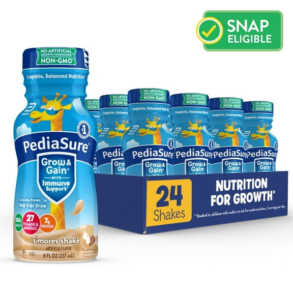 PediaSure Grow & Gain with Immune Support, 7g Protein, S'mores, 8-fl-oz Bottle, Pack of 24