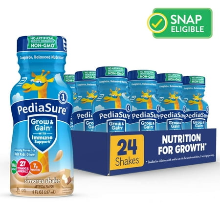 PediaSure Grow & Gain with Immune Support, 7g Protein, S'mores, 8-fl-oz Bottle, Pack of 24