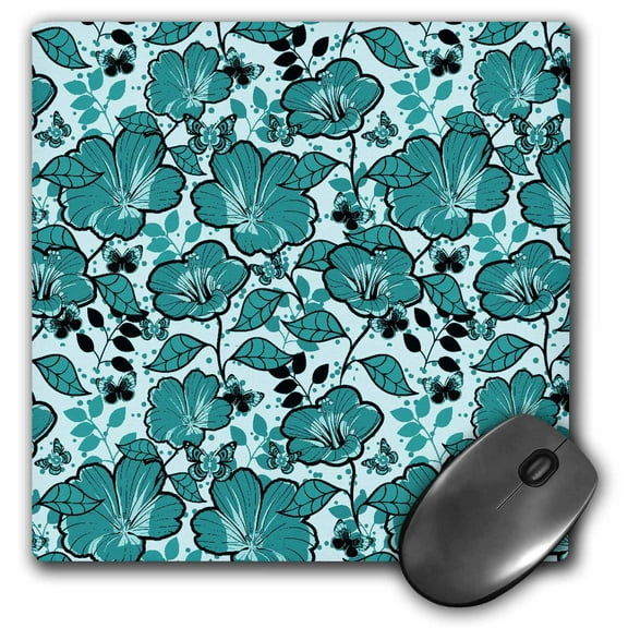 3dRose, Pretty Deep Turqouise Opened Flowers and Butterflies, MousePad