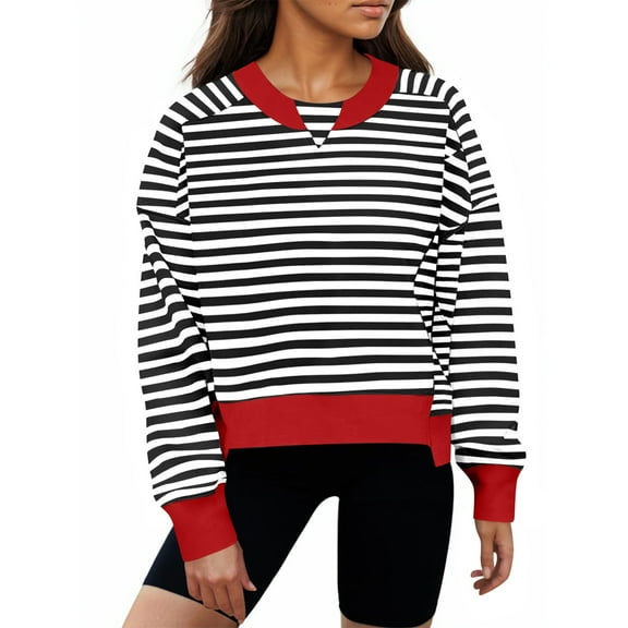 Women's Striped Crewneck Sweatshirt Casual Long Sleeve Pullover with Contrast Trim Cozy and Stylish Top