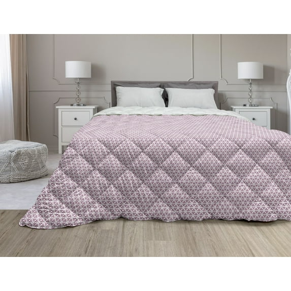 Abstract Down Alternative Comforter, Rhythmic Circle Floral Elements Design Monochrome Pattern on Plain Backdrop, Microfiber Quilt for All Season, 5 Sizes, White Purpleblue, by Ambesonne