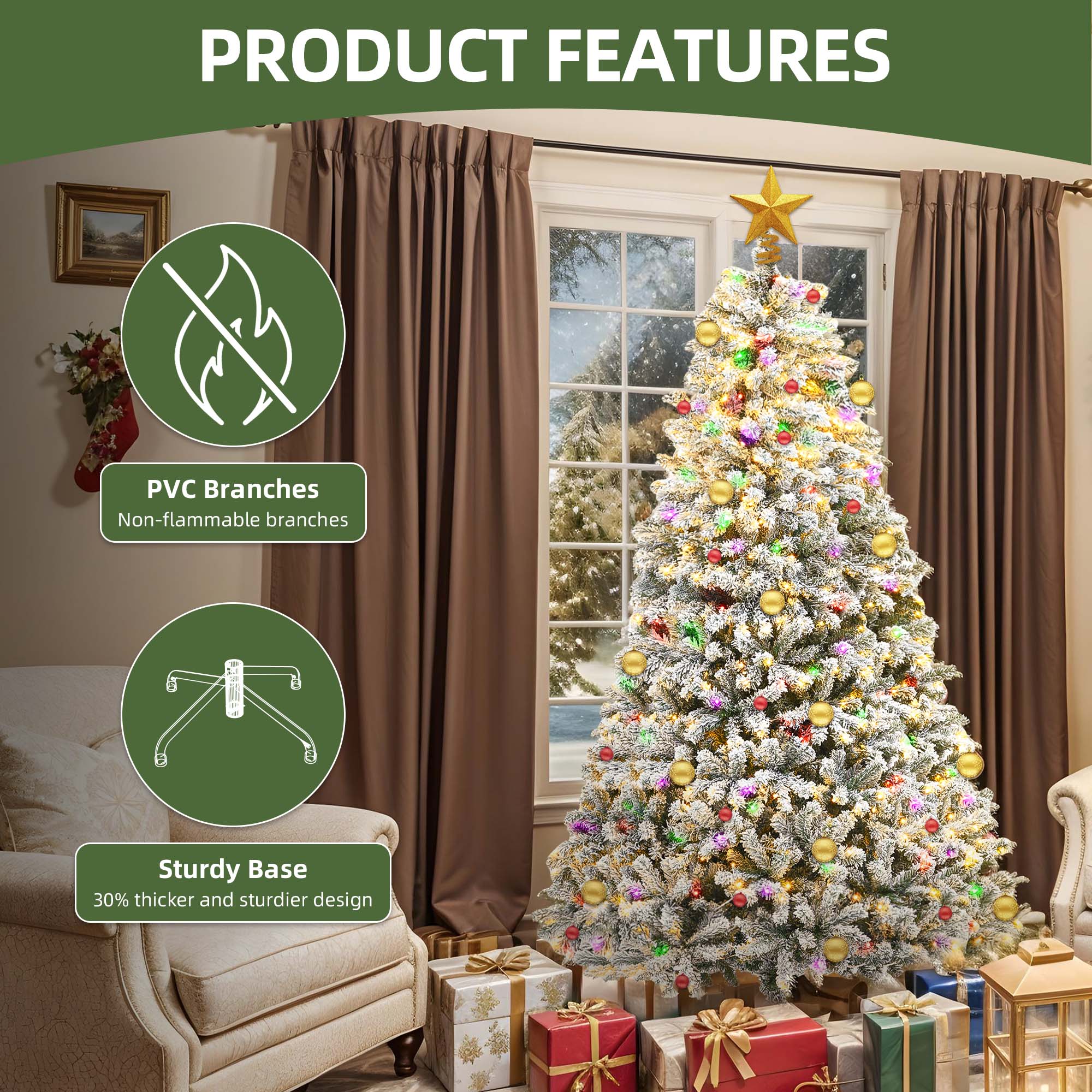 Uforic 7.5ft Pre-lit Snow Flocked Christmas Tree with 1450 Branch Tips & 550 Lights, Christmas Pine Tree with Remote, 11 Light Modes,Green