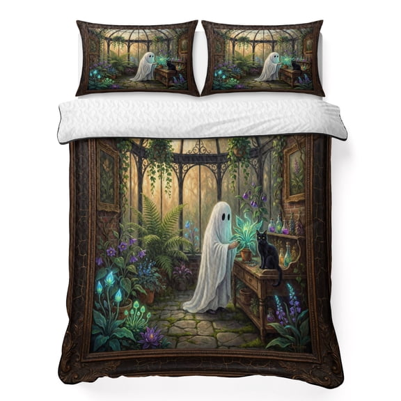 Quilts King Size Bedding Set, Halloween Lightweight Quilted Comforter, Fall Horror Ghosts Cat Botanical Plants Soft Reversible Bedspread Coverlet with Pillow Covers for All Season, 96" x 106"