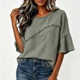 thumbnail image 5 of Lenpel Cotton Linen Shirts for Women Crew Neck Half Sleeve Boho Tops Casual Vintage Frayed Blouses Beach Vacation Clothes, 5 of 6