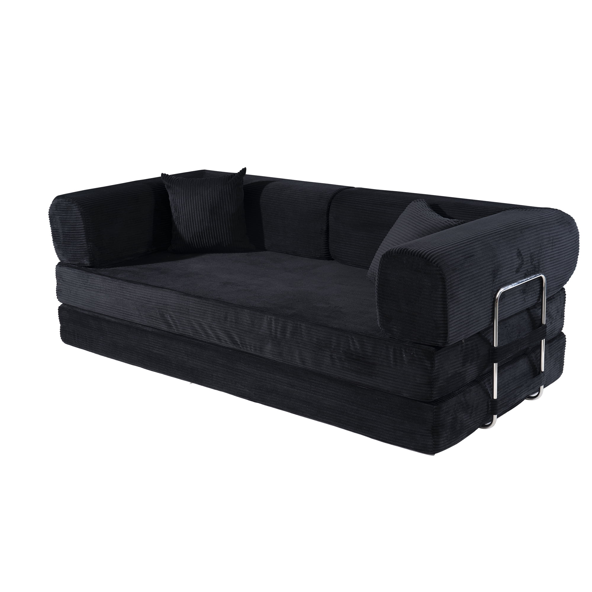 HOQBN Convertible Sofa Bed, Corduroy Fold Out Futon Sleeper Mattress with Pillows, Boneless Folding Floor Couch for Living Room Bedroom Black