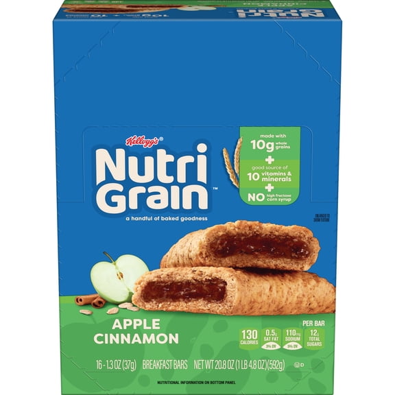 Kellogg's Nutri-Grain Apple Cinnamon Chewy Soft Baked Breakfast Bars, Made with Whole Grains, 20.8 oz, 16 Count