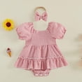 thumbnail image 2 of Fesfesfes Baby Toddler Girls Plaid Puff Sleeve Romper Dress with Bow Headband, Cute Summer Short Sleeve Onesie Bodysuit Outfit for Daily Wear Kids 0-18 Months Old., 2 of 8