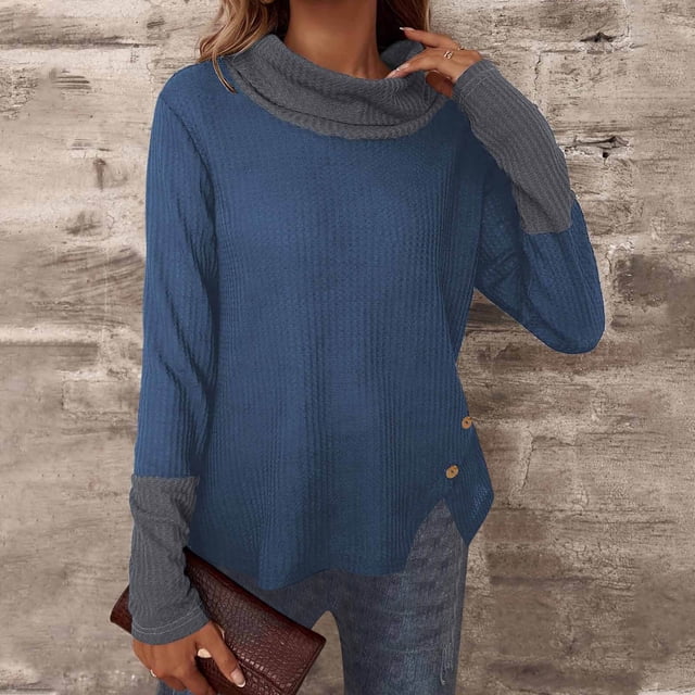 EGNMCR Chandail Col Roulé Mode Femme Contrastant Tricoté Décontracté Col Haut Automne Chandail Haut Femme Blouse Polyester