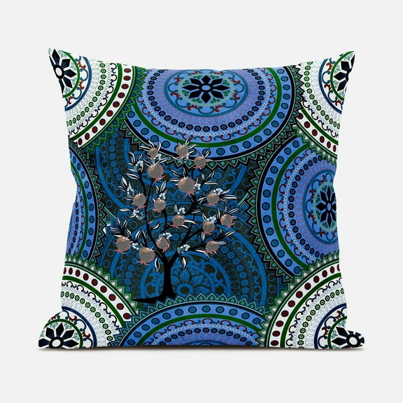 Amrita Sen Boho Mandala Plant Indoor/Outdoor Pillow with Removable Cover in White Blue Green Pink16x16