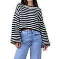 thumbnail image 2 of Women'S Vintage Striped Sweater Crew Neck Long Sleeve Cropped Color Block Casual Loose Knit Pullover Top Black M, 2 of 9