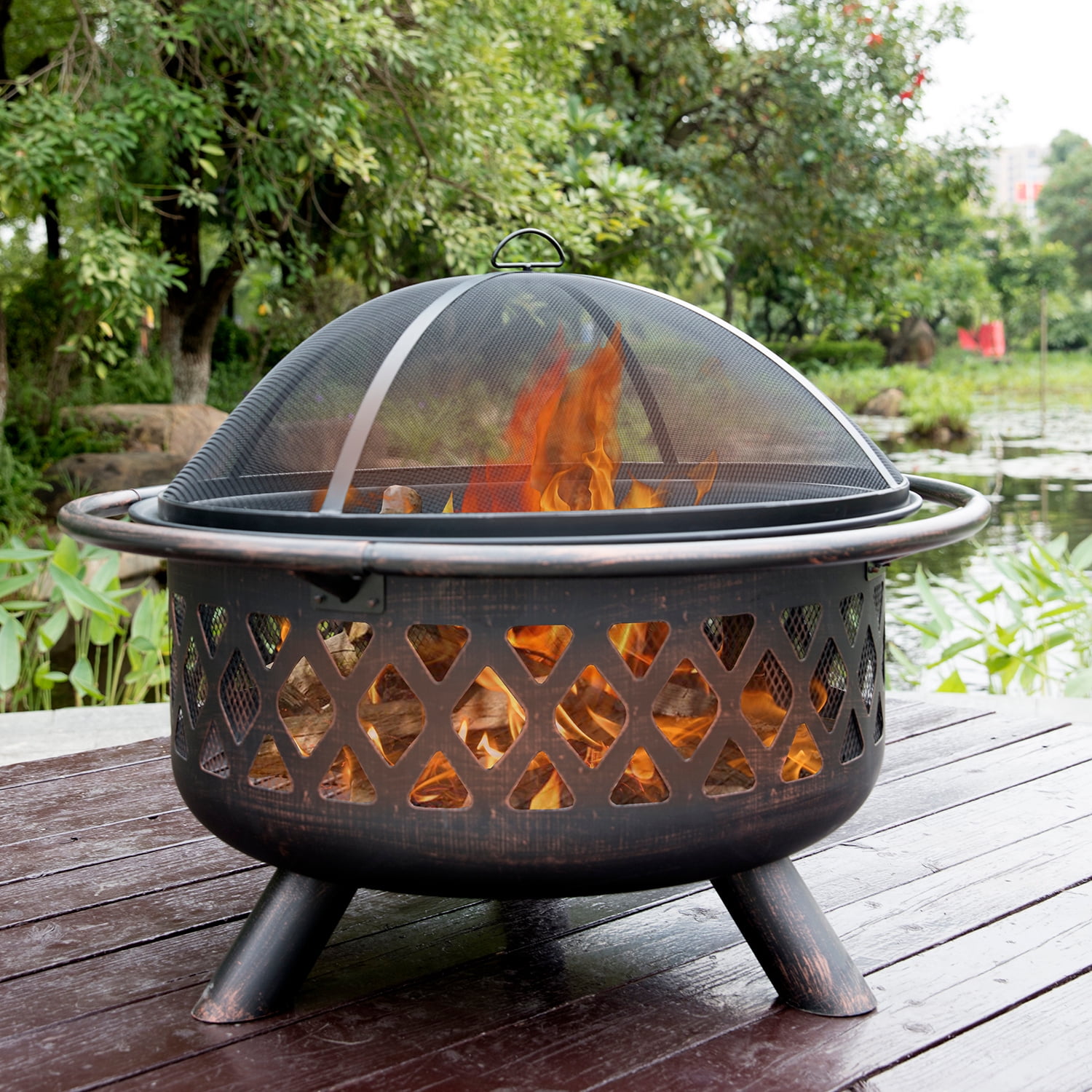 22 inch Fire Pit Firepit Bowl Wooden Burning Iron Brazier with Cover Shelf 