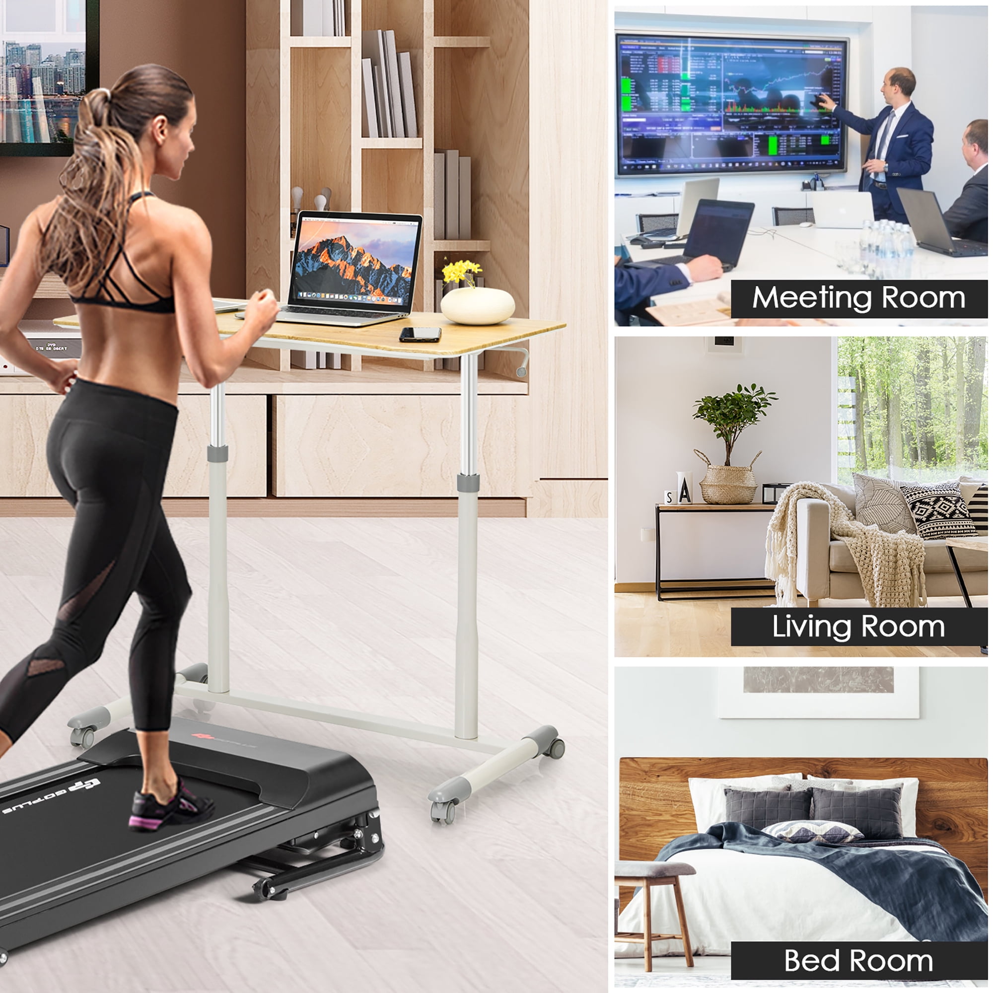 Goplus Height Adjustable Computer Desk Sit Stand Rolling Notebook Table Natural