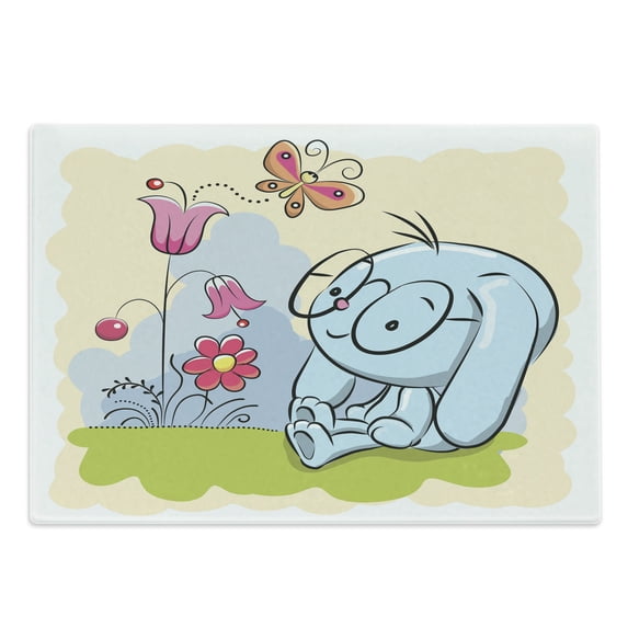 Butterfly Cutting Board, Clever Rabbit Enjoying the Nature with Butterflies Tulips Daisies Art Print, Decorative Tempered Glass Cutting and Serving Board, Large Size, Multicolor, by Ambesonne