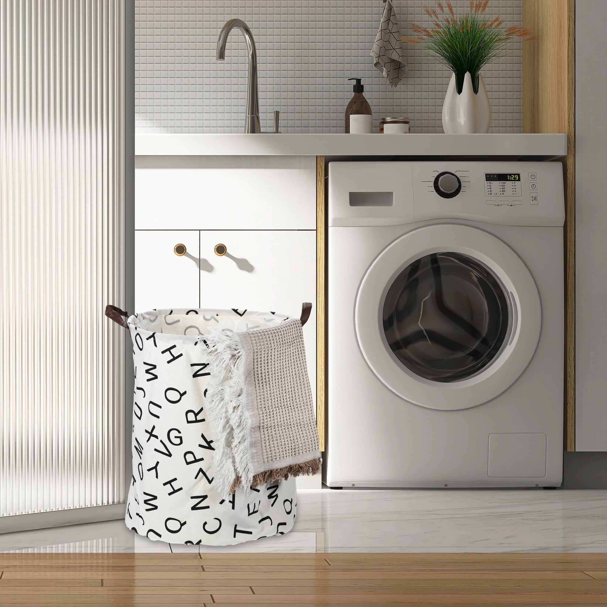 Unique Bargains Foldable Cylindrical Laundry Basket 19.69"x15.75" 60L Black Letter