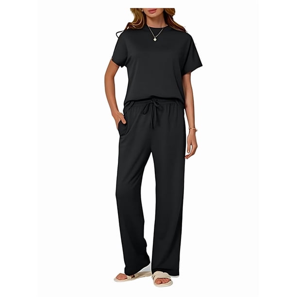 Traje Deportivo Informal de Dos Piezas para Mujer, Ropa Deportiva de Viaje, Corta y Pierna . Traje Negro XL