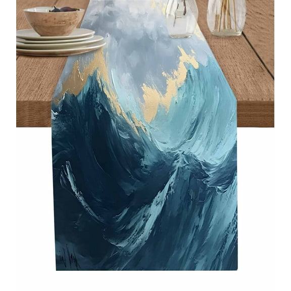 Abstract Wave Table Runner-Cotton Linen- 48 Inch Holiday Dresser Scarves, Ombre Turquoise Grey Gold Ocean Painting Tablerunner for Kitchen Coffee/Dining Bedroom Living Room Dinner Scarf Décor 13x48