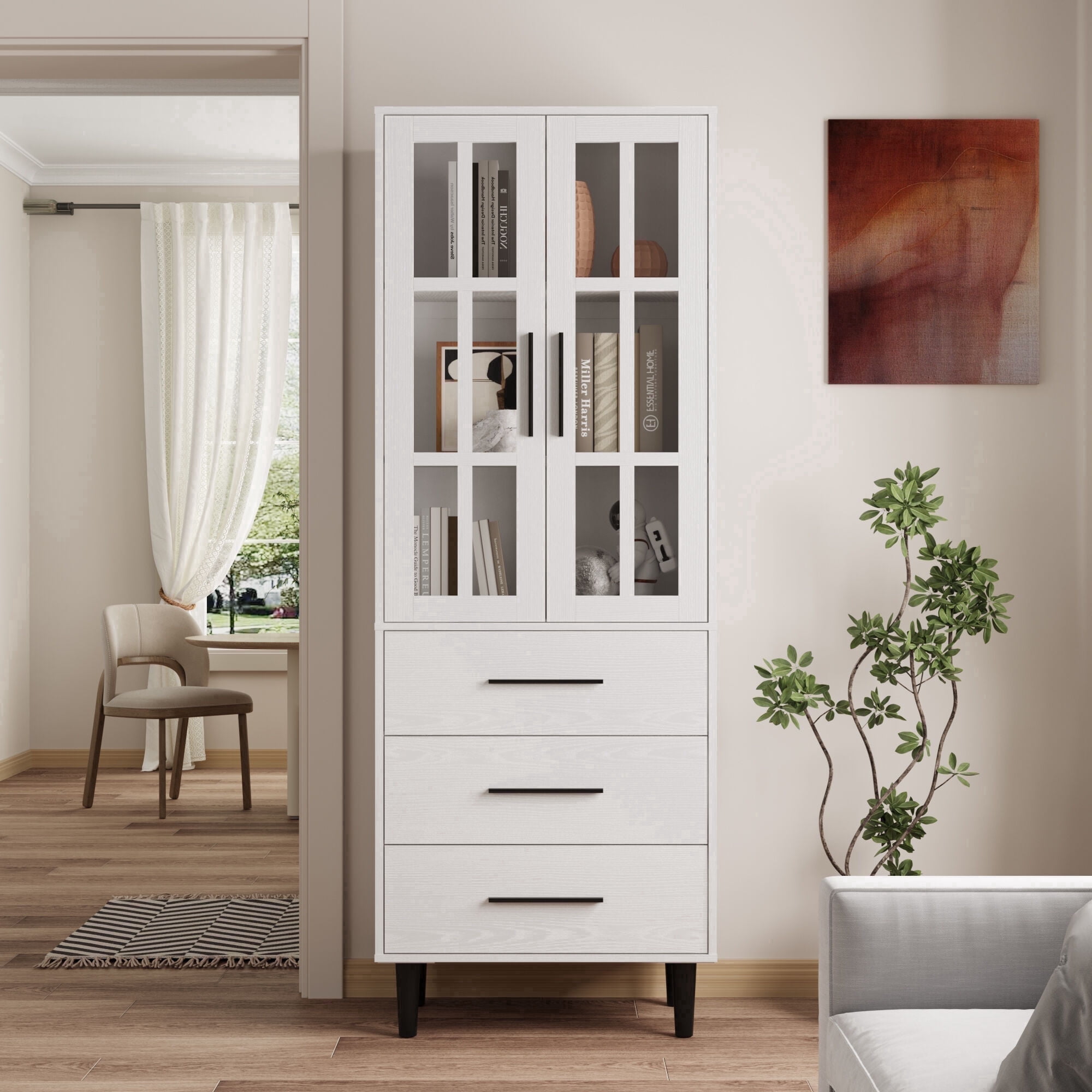 RichYa 71"H Tall Bookcase with Drawers,2 Doors Display Bookshelf with Metal Legs,6 Tier Storage Cabinets for Living Room,Home Office,White(B)