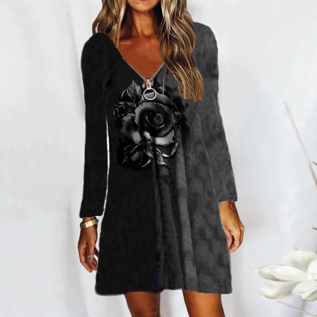 Robe Décontractée Mode Femme Col en V Manches Longues Imprimé Fleuri Ample