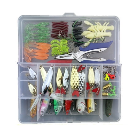 108pcs Fishing Lures Kit Set Worms Earthworm Cricket Lures Swivels Pincers Kit Fish Tackle Set with Free Tackle Box For Bass, Trout,