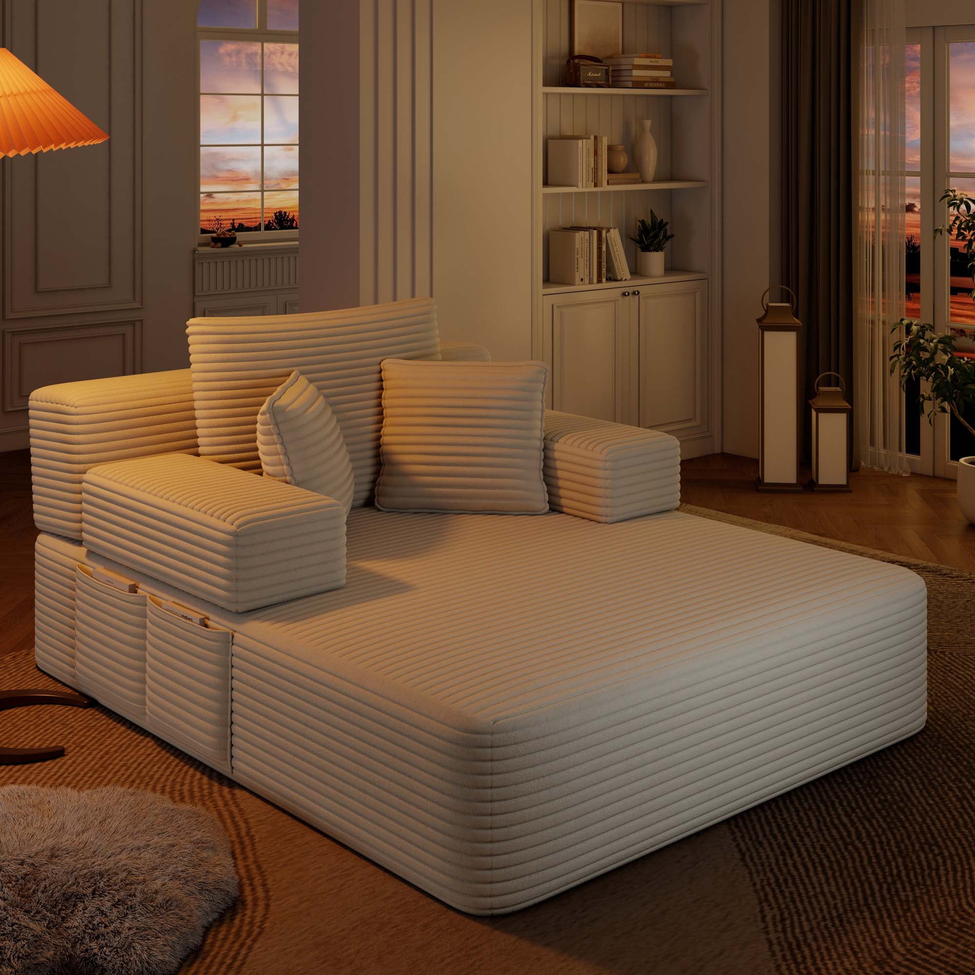 Miniyam 70" x 48.5" Corduroy Chaise Lounge Indoor with Side Pockets & 3 Pillows for Small Spaces, Compression Sofa, Beige