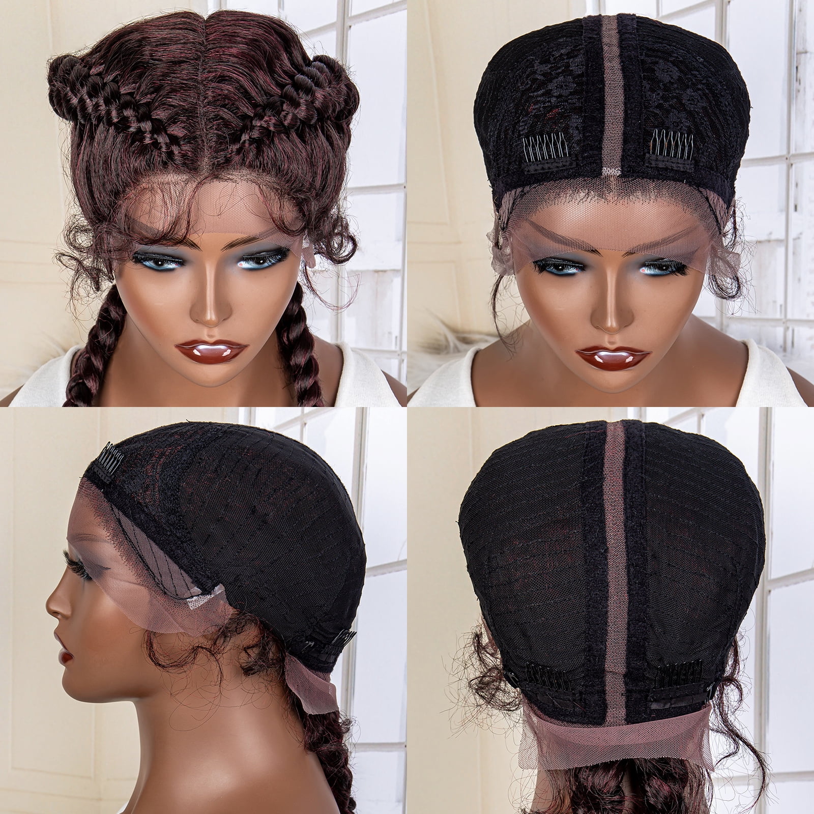 36 Inches Long Lace Front Synthetic Braided Wigs Lace Front Twins Cornrow Braided Wig for Black Women with Baby Hair Middle Part (1B/BUG Color)