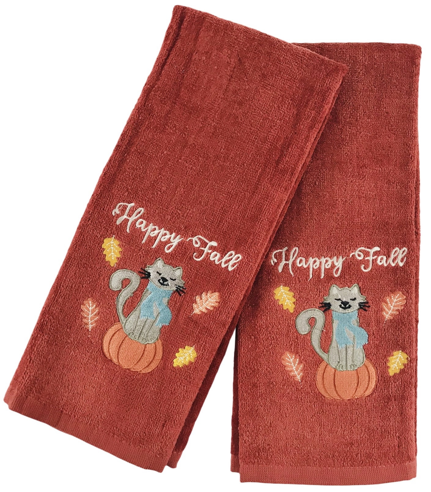 Fall Plush Cotton Hand Towels Red Rust Towels with Embroidered Happy