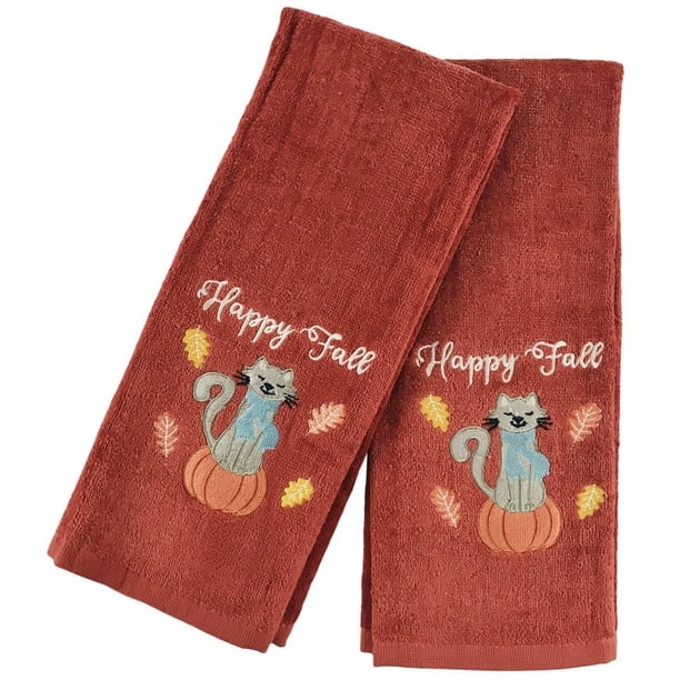 Fall Plush Cotton Hand Towels Red Rust Towels with Embroidered Happy