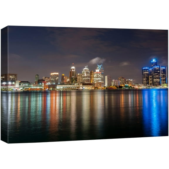 wall26 Canvas Print Wall Art Detroit, Michigan City Night Skyline Architecture & Maps Cityscape Photography Realism Global Scenic Colorful Multicolor for Living Room, Bedroom, Office - 32"x4