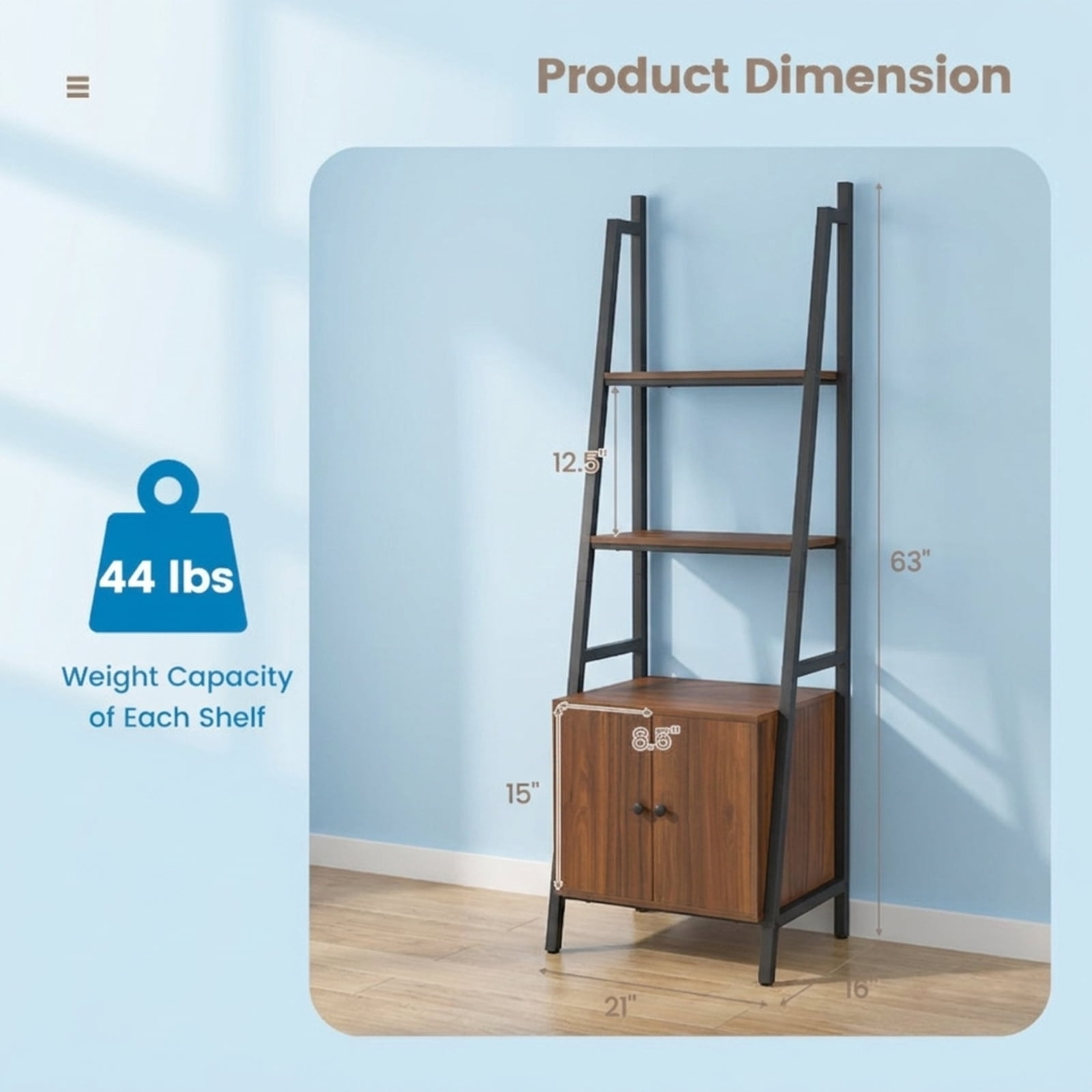 Furnibear 4-Tier Ladder Shelf with Cabinet and Metal Frame Rustic Brown, 21" x 16" x 63" - Open Storage Display Rack for Home Office