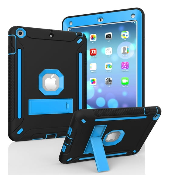Allytech iPad 9.7 2018/2017 Case Shockproof, Hybird Rubber PC Hard Back Cover with Kickstand Drop Protection Bumper Anti-Scratch Kids Case for Apple iPad 9.7 6th 5th Generation, Black Blue
