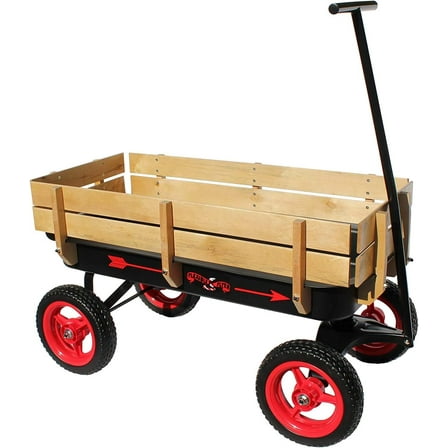 Flexible Flyer All-Terrain Steel & Wood Wagon. Extra-Long Handle, Black & Red