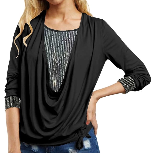 T-Shirts pour Femmes Manches Longues à Sequins Unis Hauts d'Été Amples Noirs TG