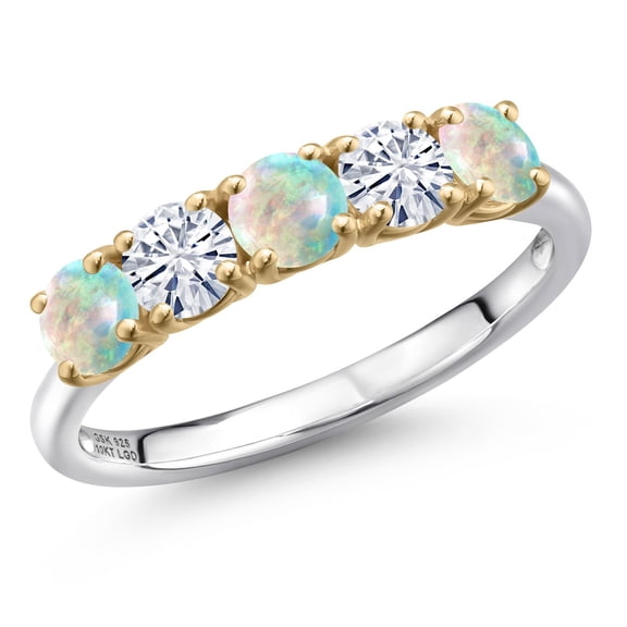 Gem Stone King 925 Silver and 10K Yellow Gold Simulated White Opal and White Moissanite Wedding-Bands Ring for Women | 1.21 Cttw | Round Cabochon 4MM | Gemstone October Birthstone | Size 8