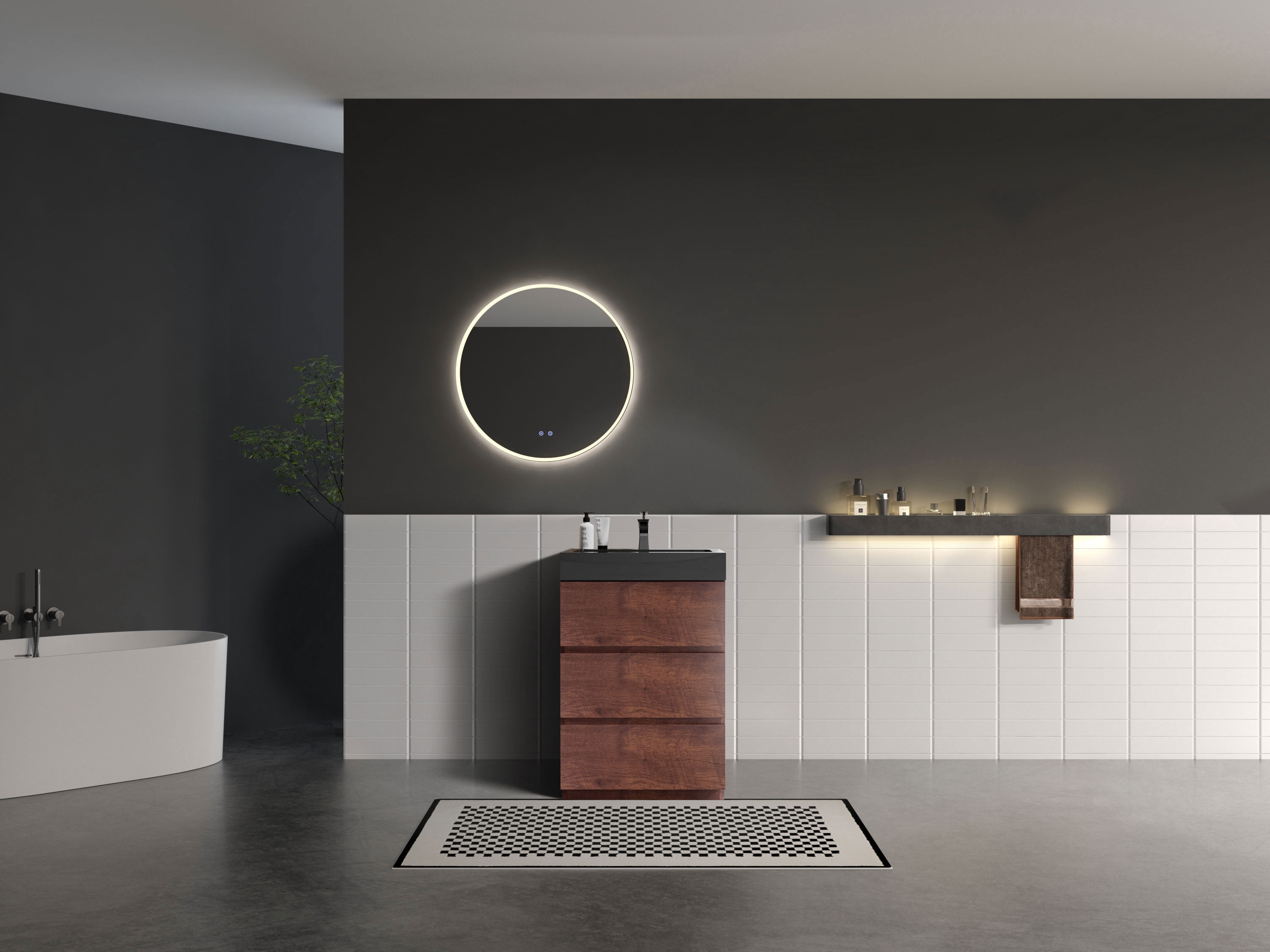CITTANEO 24 Inch Bathroom Vanity with Black Sink, Modern Bathroom Cabine in Walnut