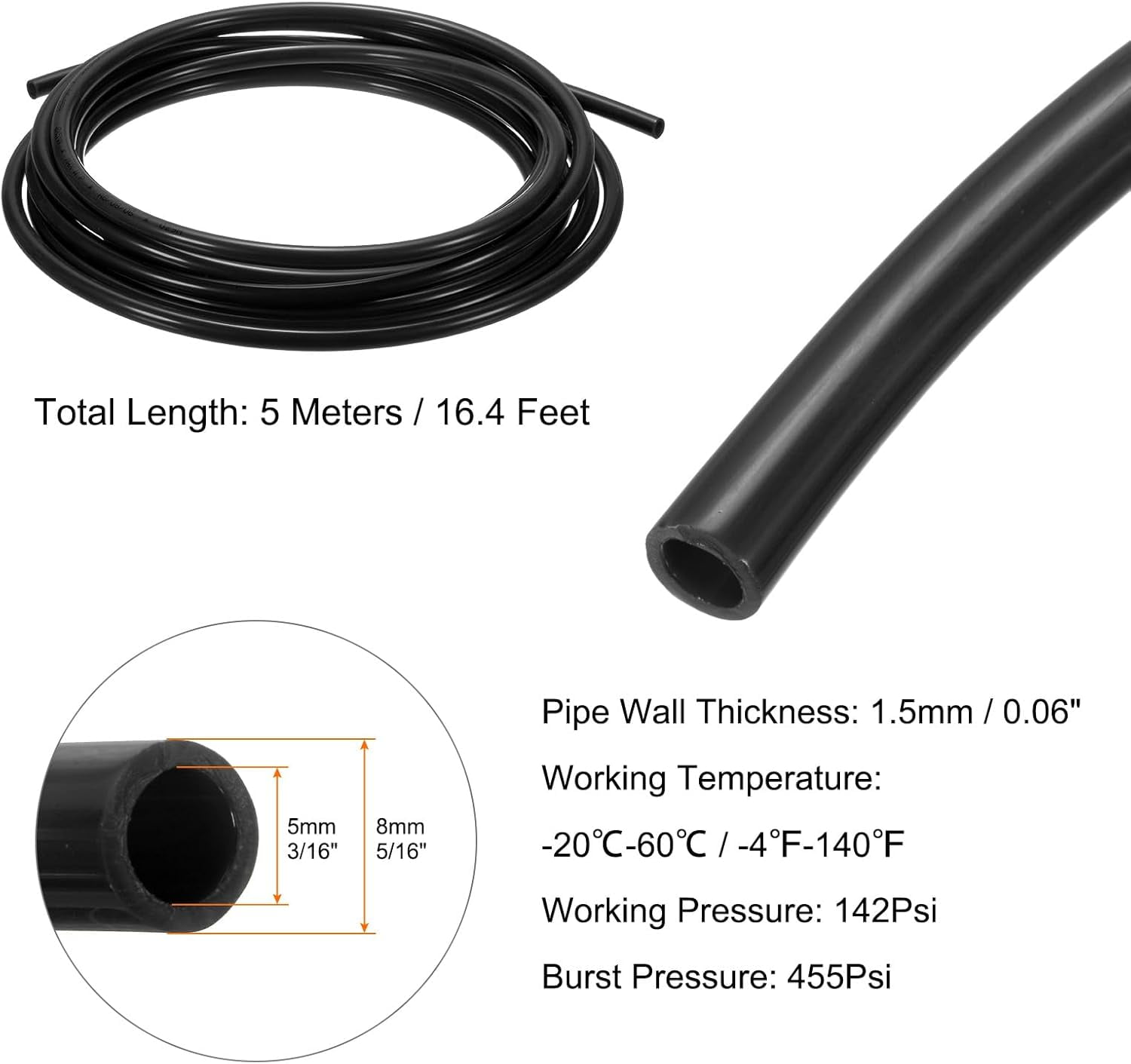 MKEUDQ-Pneumatic Tubing Pipe Pu Hose 8mm OD x 5mm ID 5 Meters(16.4 FT) Air Compressor PU Polyurethane Line Hose Tube for Air Compressor Water Fluid Transfer, Black